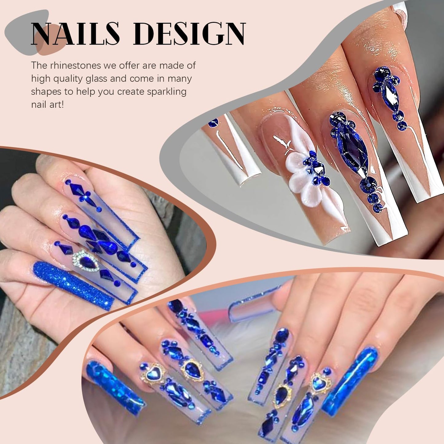 3220Pcs Royal Blue Glass Nail Rhinestones 120Pcs Multi Shapes Flatback Gems Crystal + 3100Pcs 1.5-4mm Round Beads, Manicure Diomand Jewelry Gemstones for Nail Design Makeup Acrylic Nails Decoration