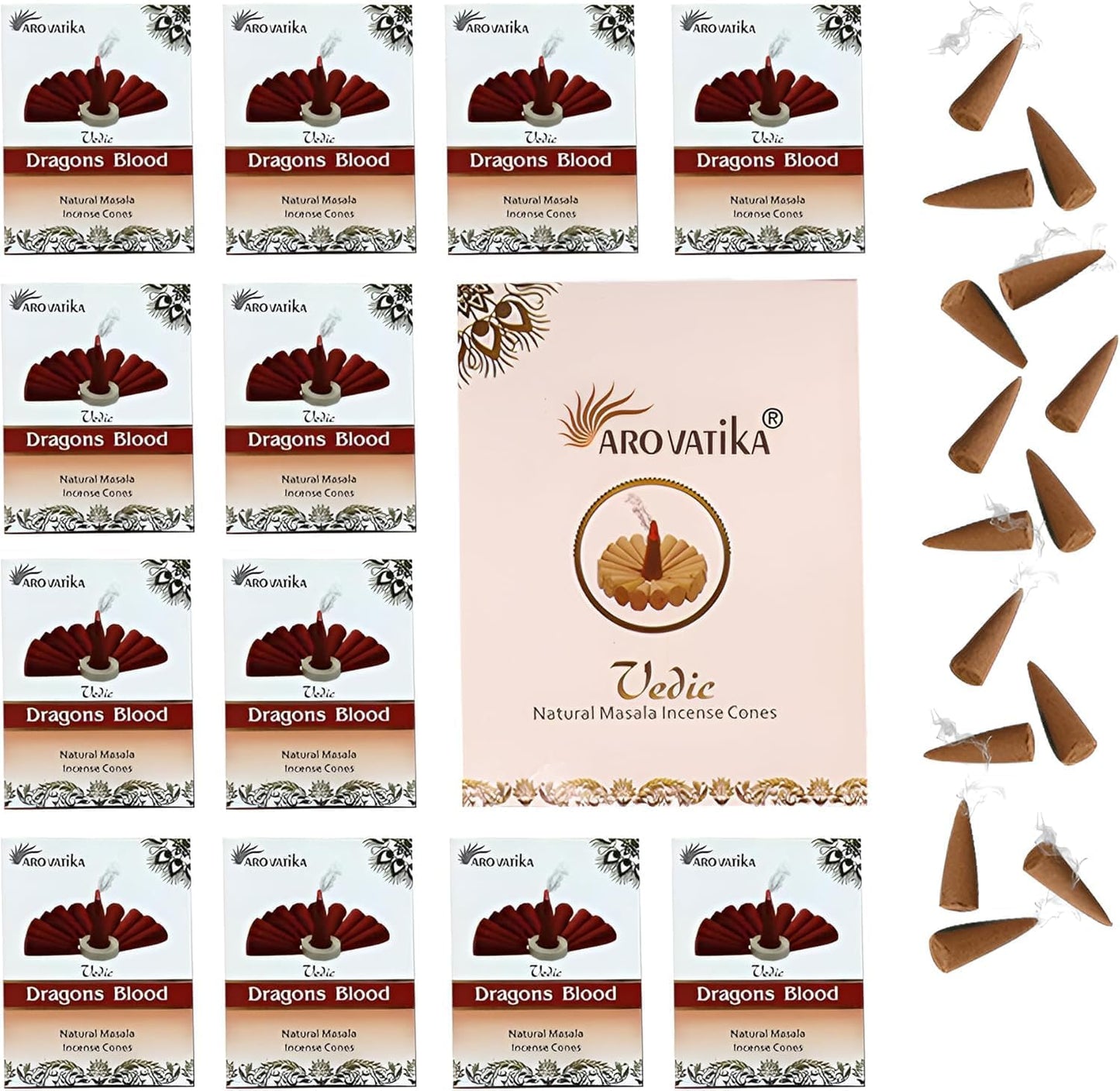 ARO VATIKA Vedic Dragons Blood Natural Masala 120 Incense Cones in Pack of 12 Boxes | Environment-Friendly Dhoop | Best for Prayer, Reiki, Meditation & Relaxation | Burn Time- 25 mins