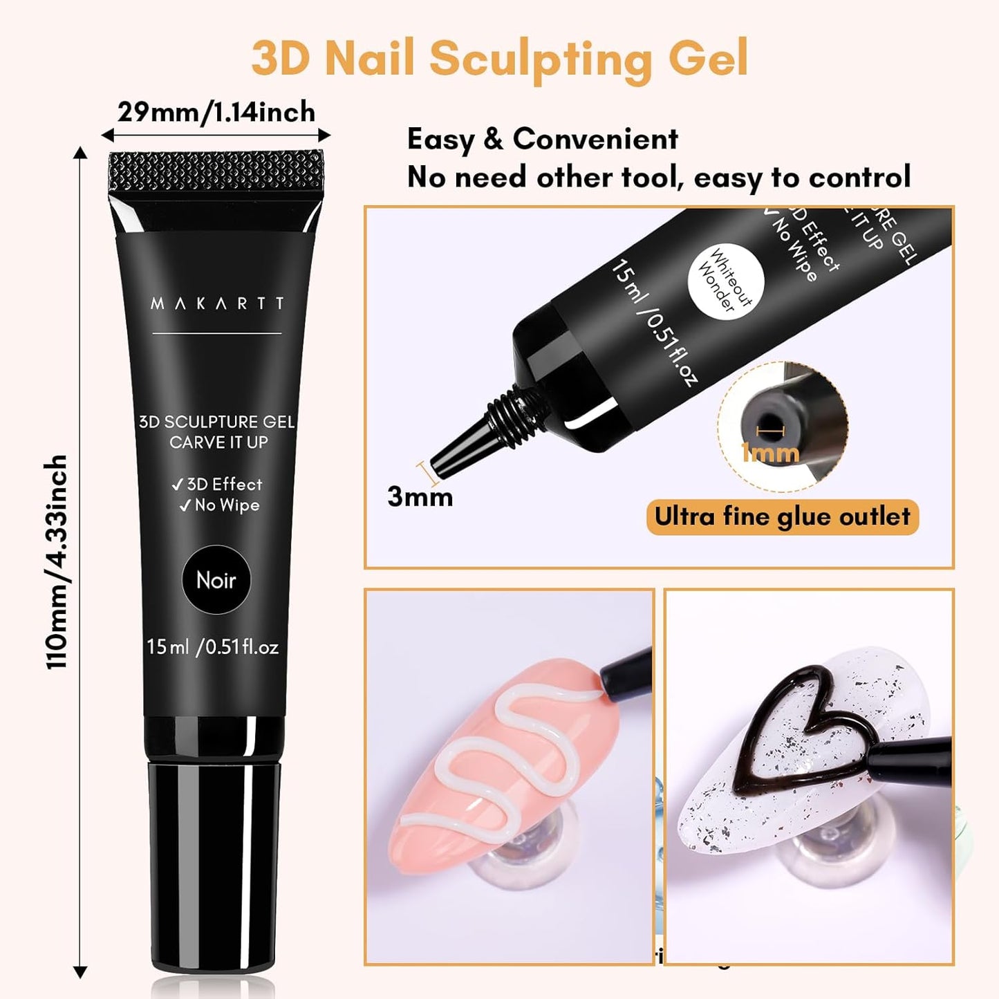 Makartt 3D Gel Nail Art: White and Black Sculpting Candy Molding Gel No Wipe Craving Embossed Gel Polish Set for Decoration Manicure Charm Designs (Whiteout Wonder & Noir)