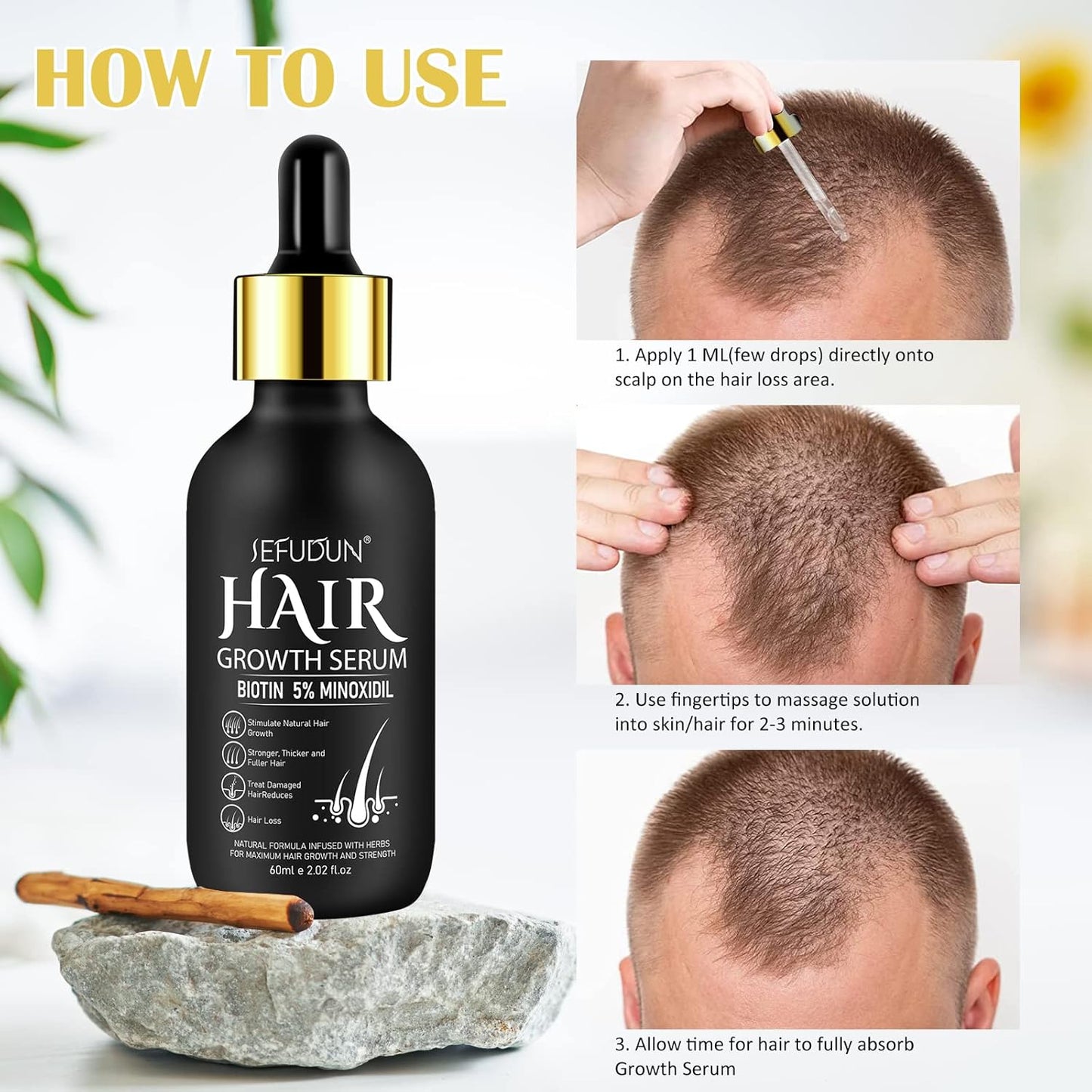 Uocasi 2Pack 5% Minoxidil Hair Growth Serum, Hair Growth for Men and Women, Hair Regrowth Serum For Stronger Thicker Longer Hair Help, Natural Facial Hair Treatment for Grooming Thickening