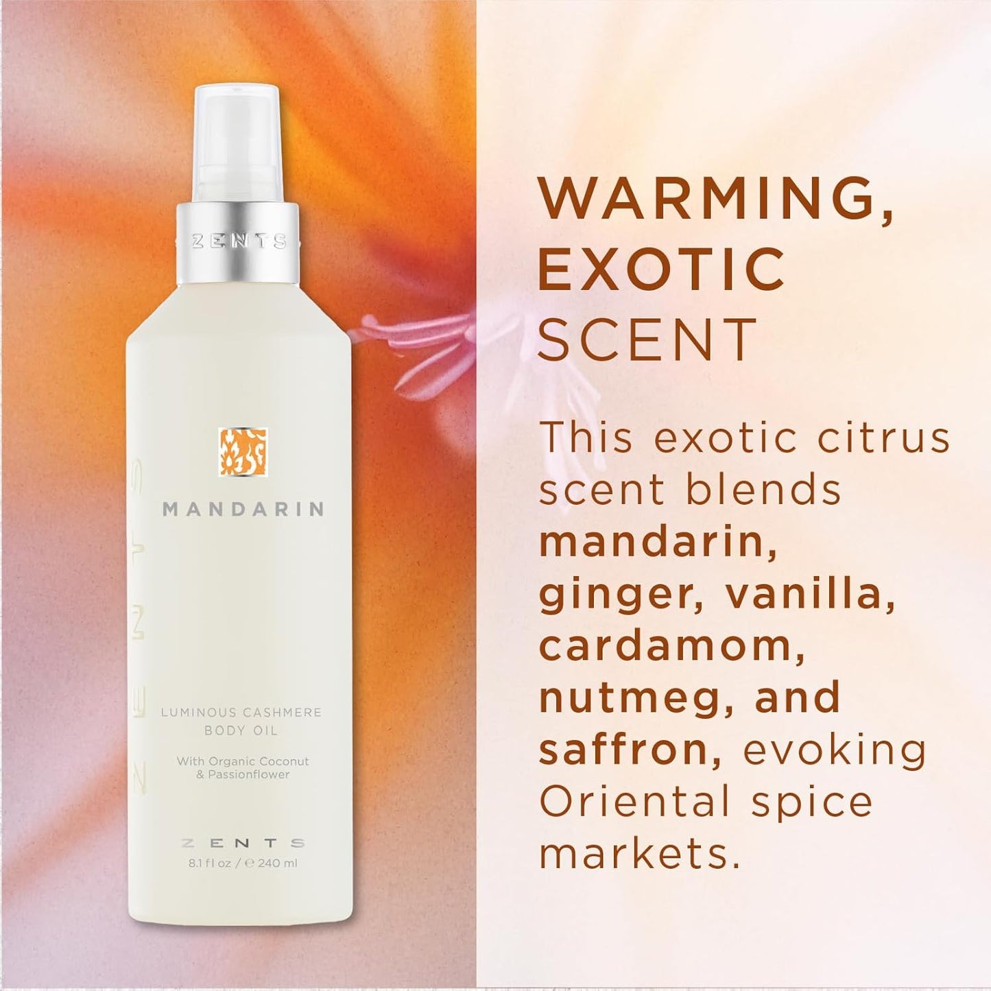 Zents Luminous Cashmere Body Oil (Travel Size - Mandarin Fragrance) | Moisturizing Body Oil with Vitamin E & Organic Coconut Oil | Softens & Smooths Skin | 1 fl oz | TSA Approved