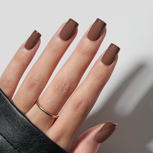 BTArtbox Press on Nails Short Square - Dark Brown Nails with Glossy French Tips in a Matte Finish, Soft Gel Fake Nails Glue On Nails in 16 Sizes for Gift, Coffee Toffee
