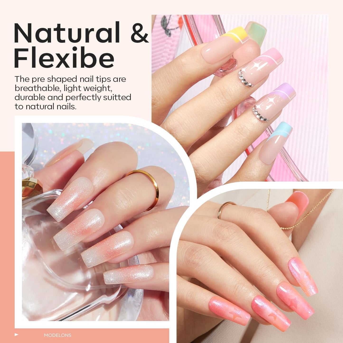 modelones Medium Square Gel Nail Tips Kit, 9-in-One Nail Glue with Portable U V Lamp 216Pcs 12Sizes Pre-Etched Press ons Fake Acrylic Extension Kit DIY Salon Gift for Women