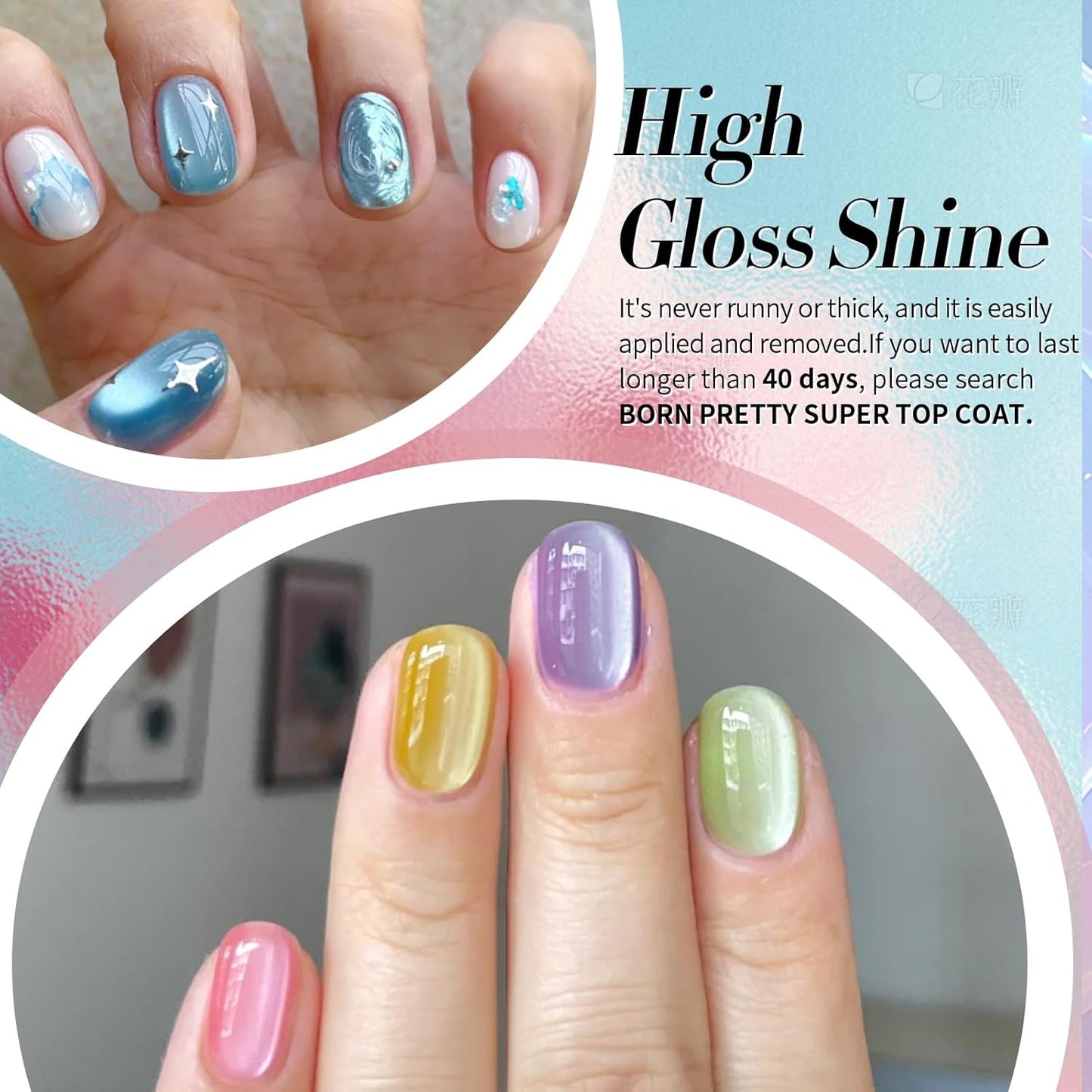 Born Pretty Magnetic Gel Nail Polish Pastel Water Light Cat Magnetic Eye Gel Jelly Glass Crystal Nail Polish Glitter Shimmer Auroras Magnetic Gel Nail Art Manicure Kit 6PCS