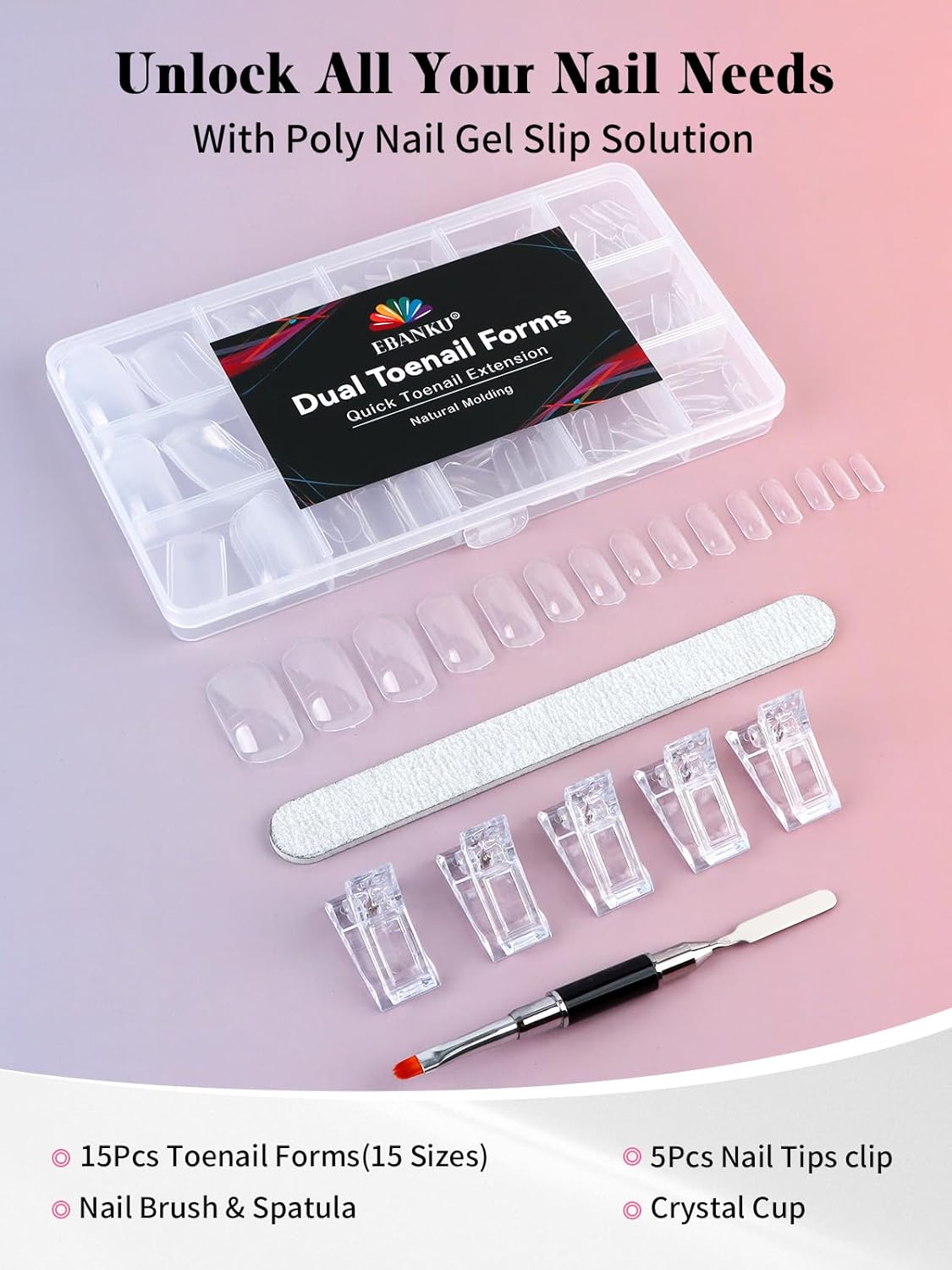 Poly Gel Toe Nail Form Set, EBANKU Reusable Toenails Dual Forms for Nail Extensions, Poly Gel Toe Nail Tips With Dual-Ended Brush, File and 5PCS Clips - 15 Sizes 150PCS