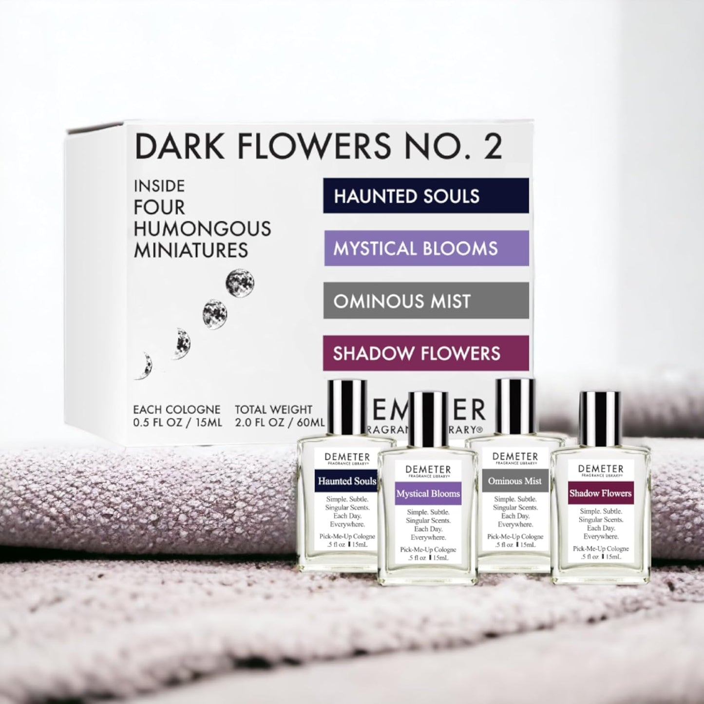 DEMETER Dark Flowers No. 2 Humongous Miniature Set of 4 Colognes, Haunted Souls - Mystical Blooms - Shadow Flowers - Ominous Mist, Perfumes for Women, 0.5 Oz Each