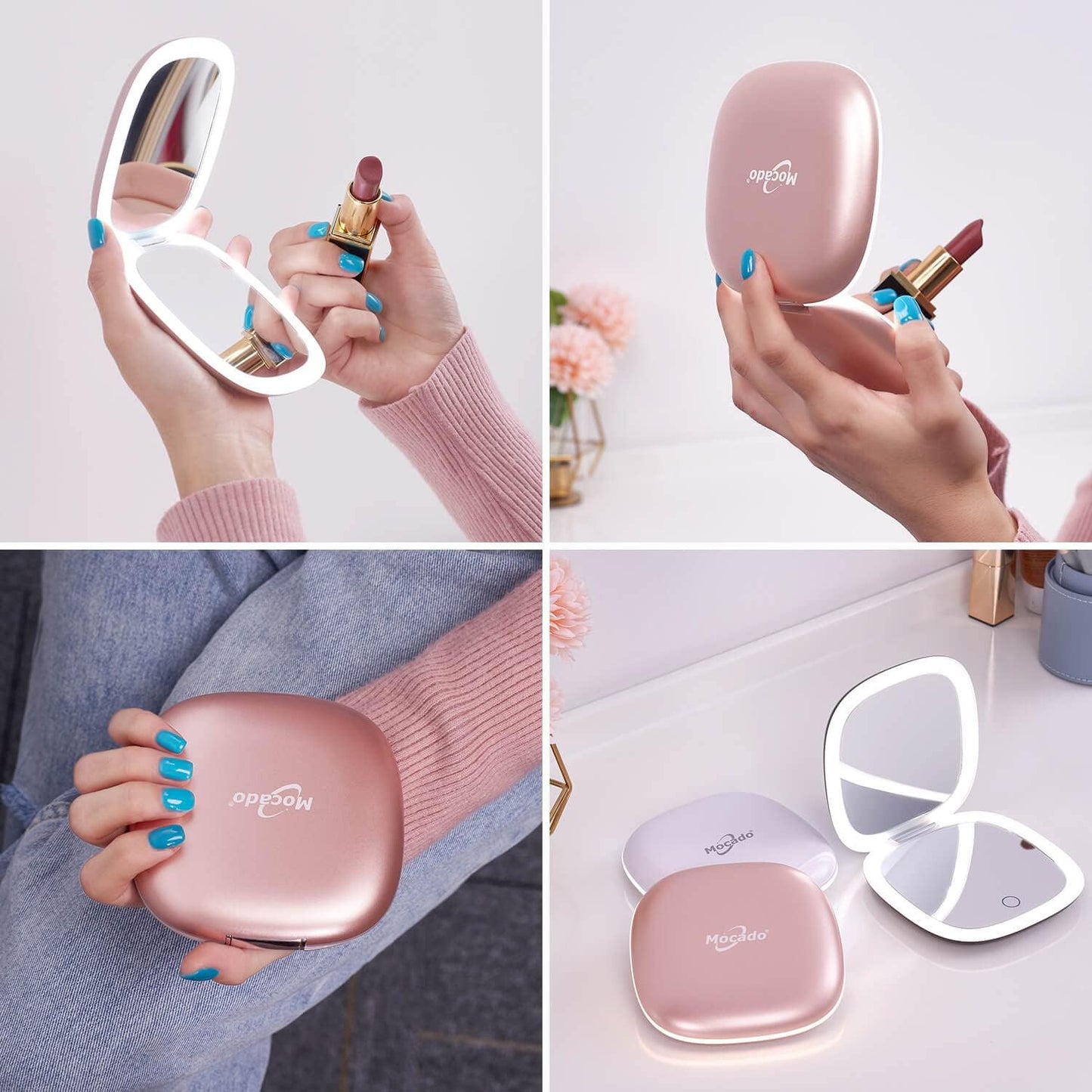 Mocado Compact LED Magnifying Travel Makeup-Mirror - 4 inches 1X/10X Magnification Small Hand Pocket Dimmable Double Sided USB Rechargeable Touch Screen, Portable Tabletop Cosmetic (Rose Gold)