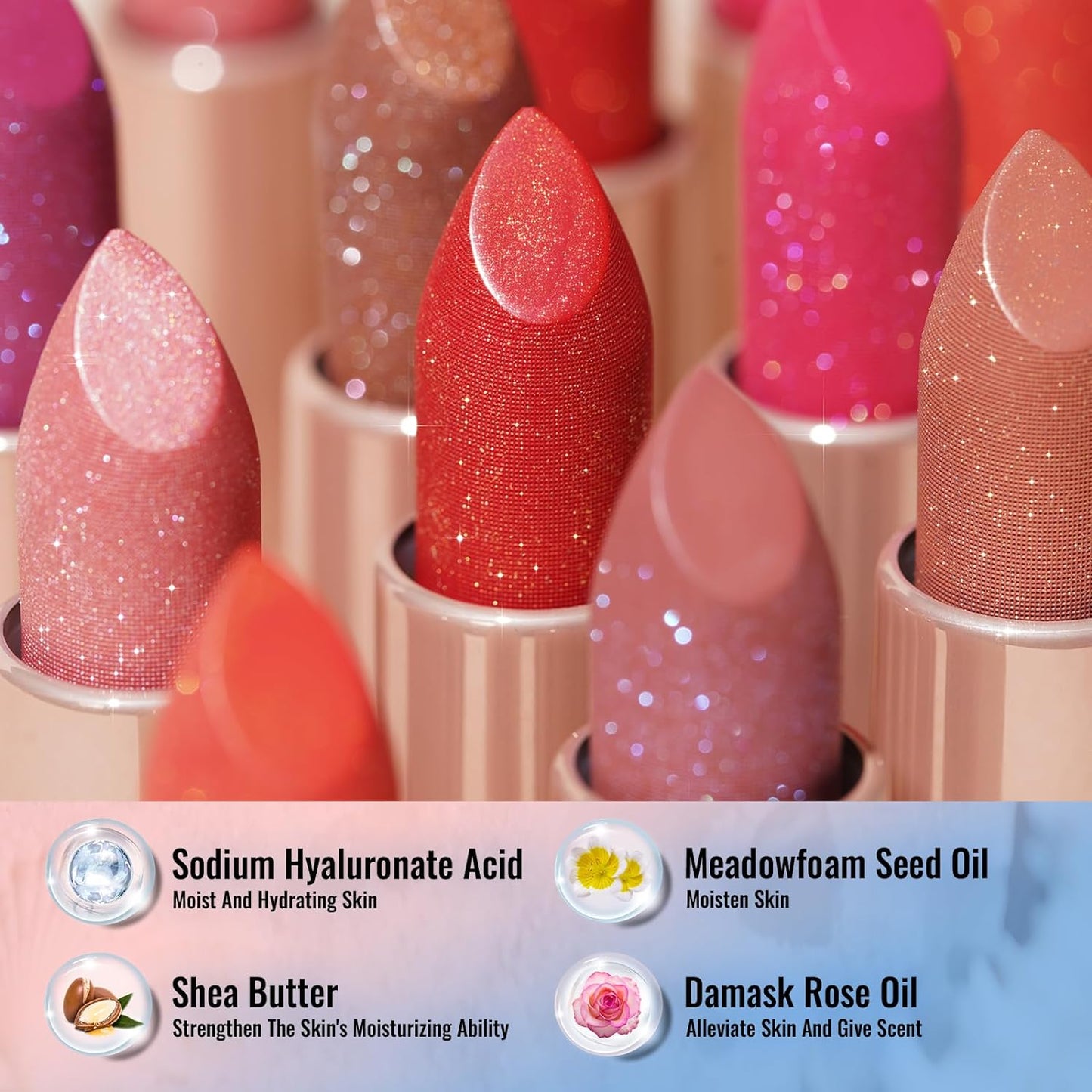 Oulac Moisture Shine Lipstick Set 3PCS - Infinity High Shine Finish, Hydrating Vegan Lipstick Infused with Damask Rose Oil for All-Day Comfort, Gluten-Free, PG05+PG07+PG12