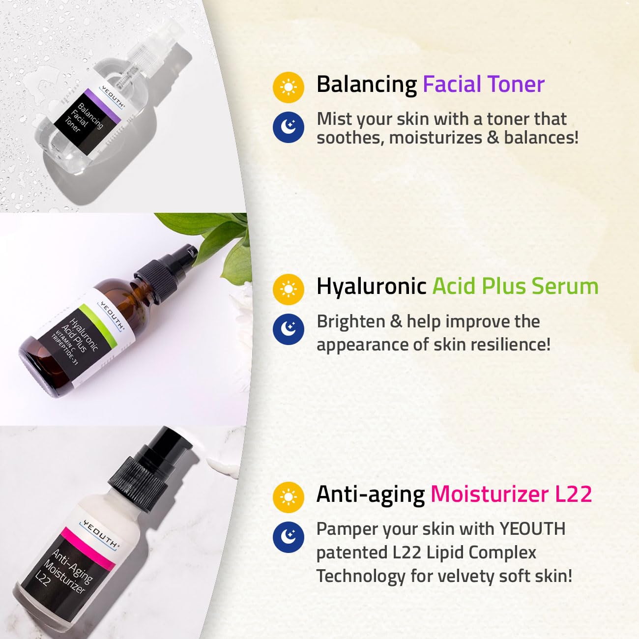YEOUTH Hyaluronic Acid Serum with Vitamin C, Face Toner, Face Moisturizer, Skin Care Set for Radiant and Smooth Skin, Gifts for Women, Self Care Routine, Skin Care Gift Set 3-Piece