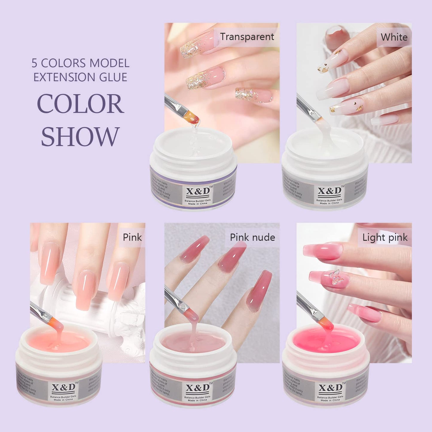 X&D Gel Nail Polish Kit Polygel Quick Dry Natural Clear 5 Colors Nail Extension with Dual Forms, Brush, File Set