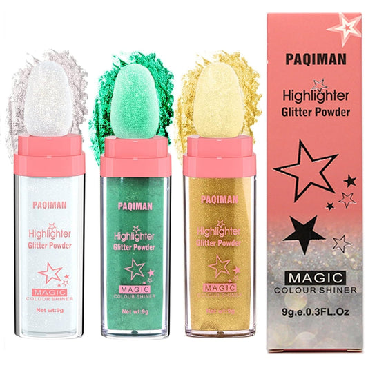 Glitter Powder Highlighter Makeup, Body Brightens the Natural Three-Dimensional Face Blusher Fairy Highlight Patting Powder. (3 Colors(1#.4#.5#))