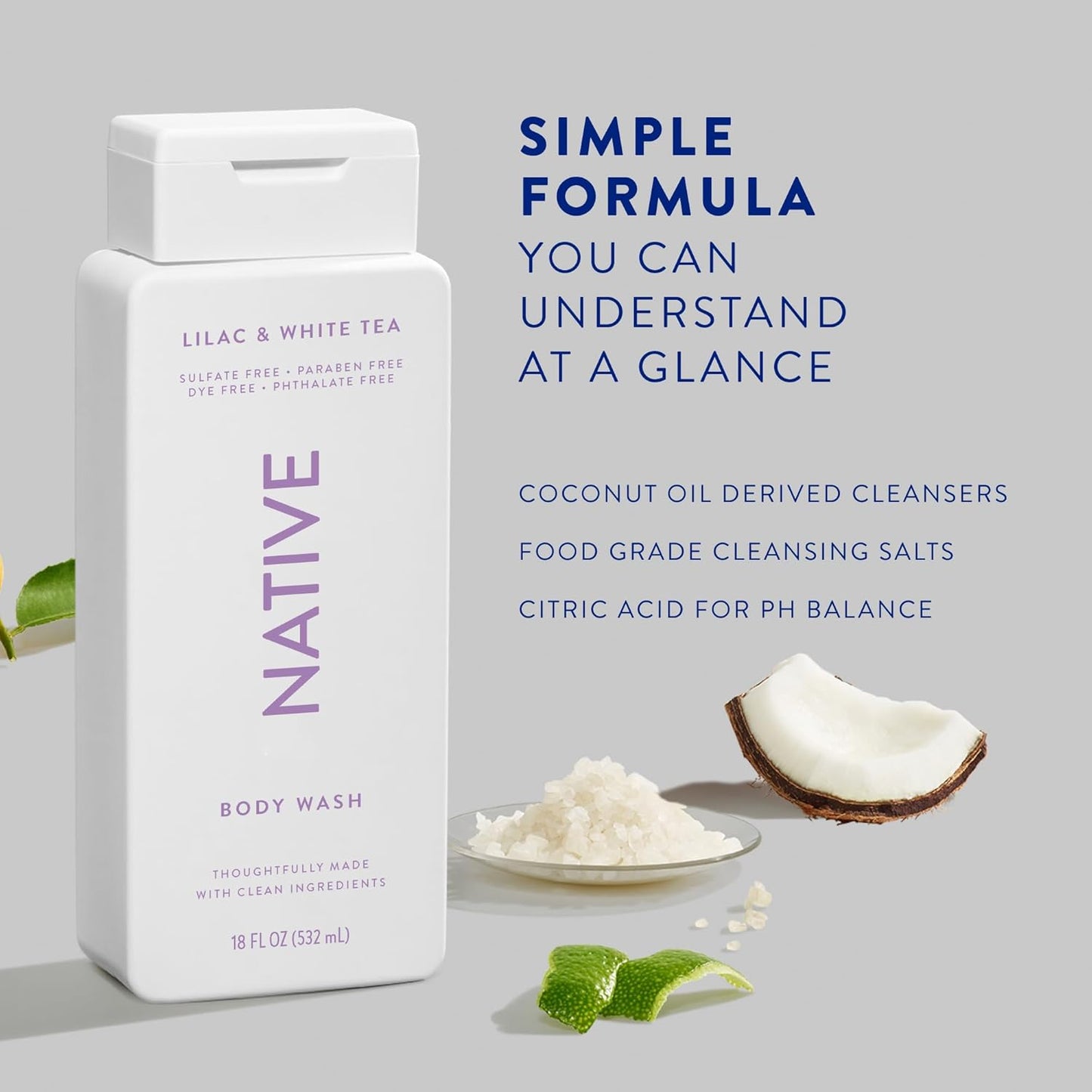 Native Body Wash Contains Naturally Derived Ingredients | For Women & Men, Sulfate, Paraben, & Dye Free Leaving Skin Soft and Hydrating | Lilac & White Tea 18 oz - 2 Pk