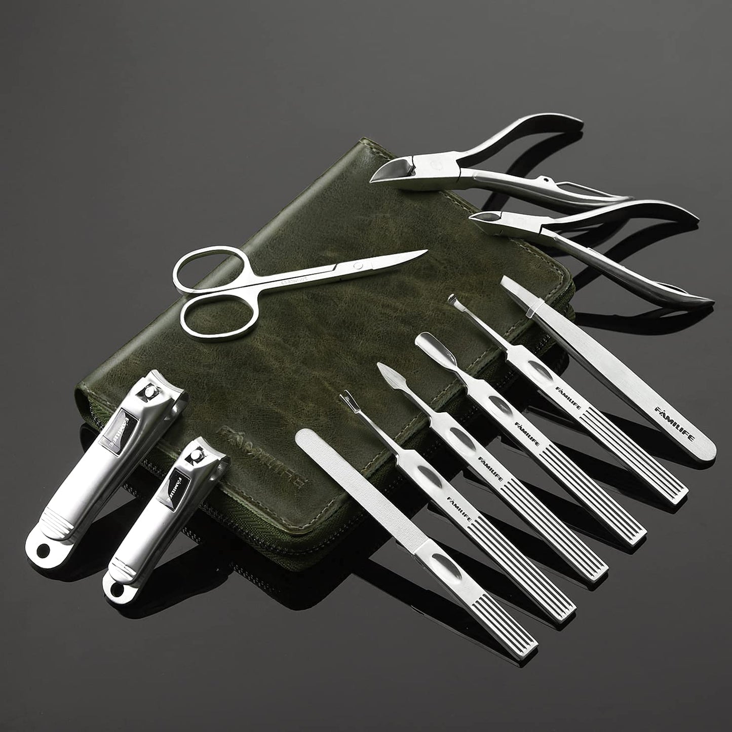 FAMILIFE Manicure Set, Professional Manicure Kit Nail Clippers Set 11 in 1 Stainless Steel Nail Pedicure Tools Kit Grooming Tool with Portable Green Leather Travel Case Luxury Gifts for Women and Men