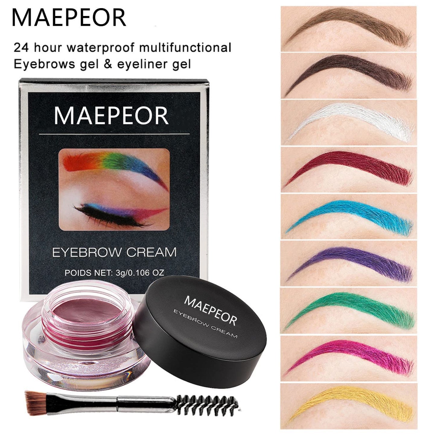 MAEPEOR 12 Colors Eyebrow Pomade Full-pigmented Long Lasting Waterproof Eyebrow Cream Gel Filling & Shaping Tinted Eyebrows Enhancers with Brush for Daily or Cosplay (11 Sky Blue)