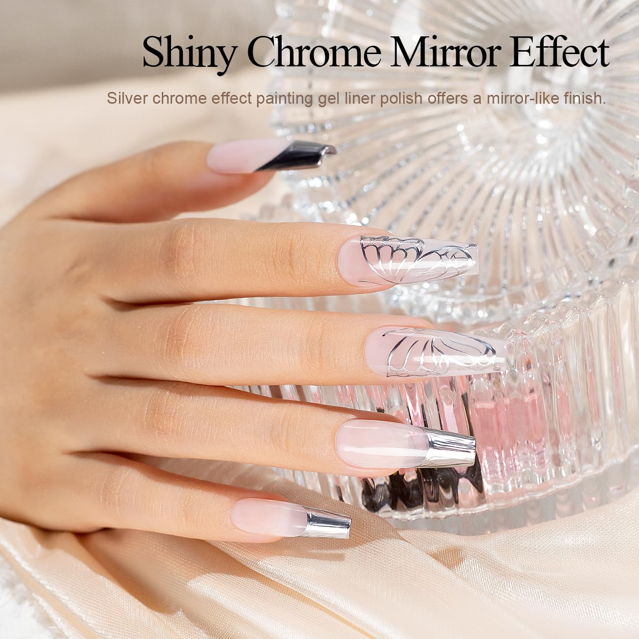 RARJSM Metallic Silver Gel Liner Nail Art 3D Mirror Chrome Effect Gel Nail Polish 8ml Build in Thin Brush Metal Painted Drawing Striper Gel Polish Soak off Curing Requires for Home Salon Diy Painting