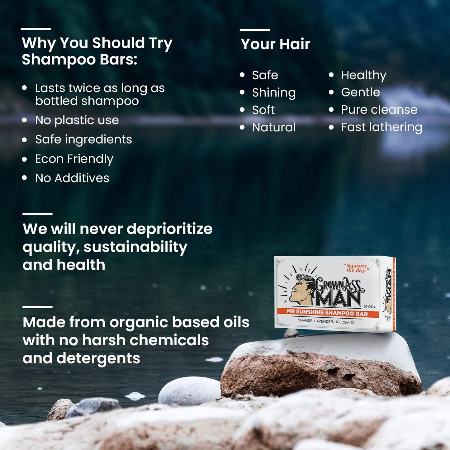 Solid Shampoo Bar Rich Lather 3 in 1: Hair, Beard & Body Wash - Plastic Free & Eco-Friendly, Natural & Organic Clean for All Hair Types, 4oz Bar (Mister Sunshine, Single)