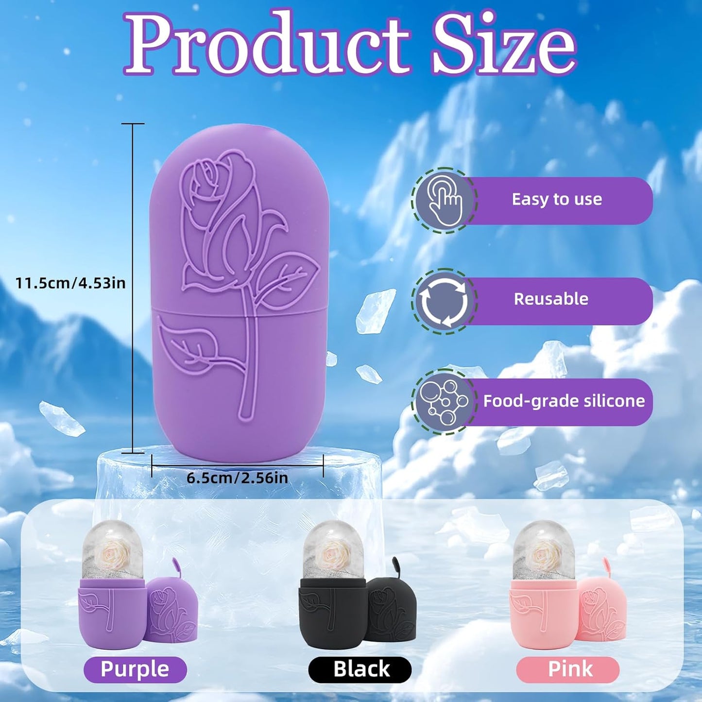 Ice Face Roller Massager for Face, Reusable Silicone Ice Cube Mold, Facial Beauty Ice Roller, Reduce Puffiness and Dark Circles, Minimize Pores & Improve Skin Texture (Black)