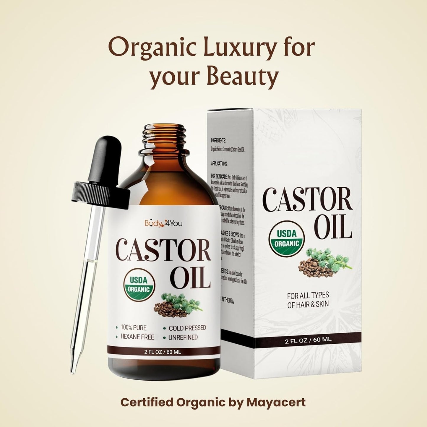 BodyJ4You Castor Oil Eyelashes Eyebrows - 100% Pure Natural USDA Organic Cold Pressed - Hydrating Skin Hair Growth Oil Lashes Scalp - Non-GMO Hexane Free Carrier Unrefined (2 Fl Oz (60 ml) - KIT)