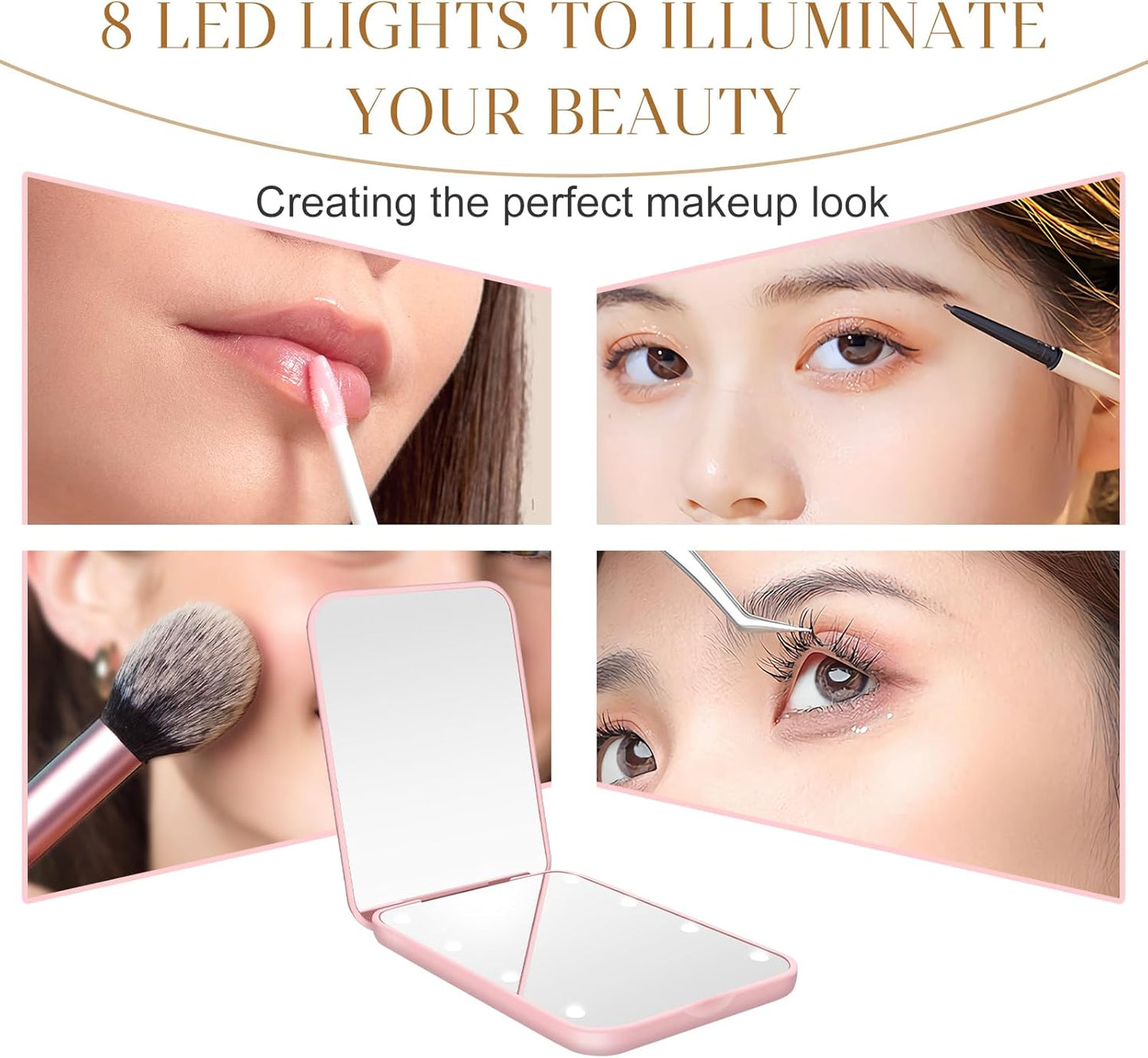 Compact Mirror, 1X/3X Magnification LED Pocket Mirror with Nternal BIattery, Mini Mirror for Purse, Pocket,Travel and Present (Pink)