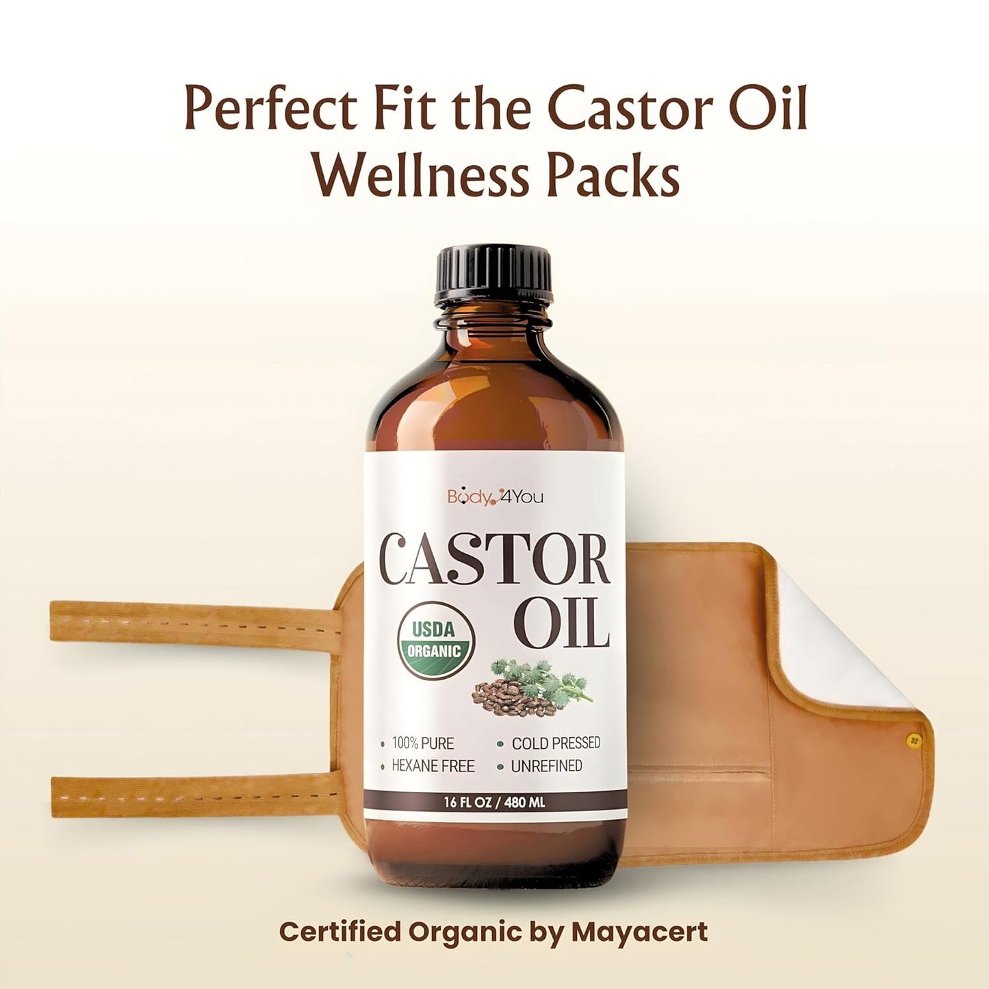 BodyJ4You Castor Oil for Eyelashes Eyebrows - 100% Pure Natural USDA Organic Cold Pressed - Hydrating Skin Hair Growth Oil Lashes Scalp - Non-GMO Hexane Free Unrefined Carrier - Glass Bottle 16 Fl Oz