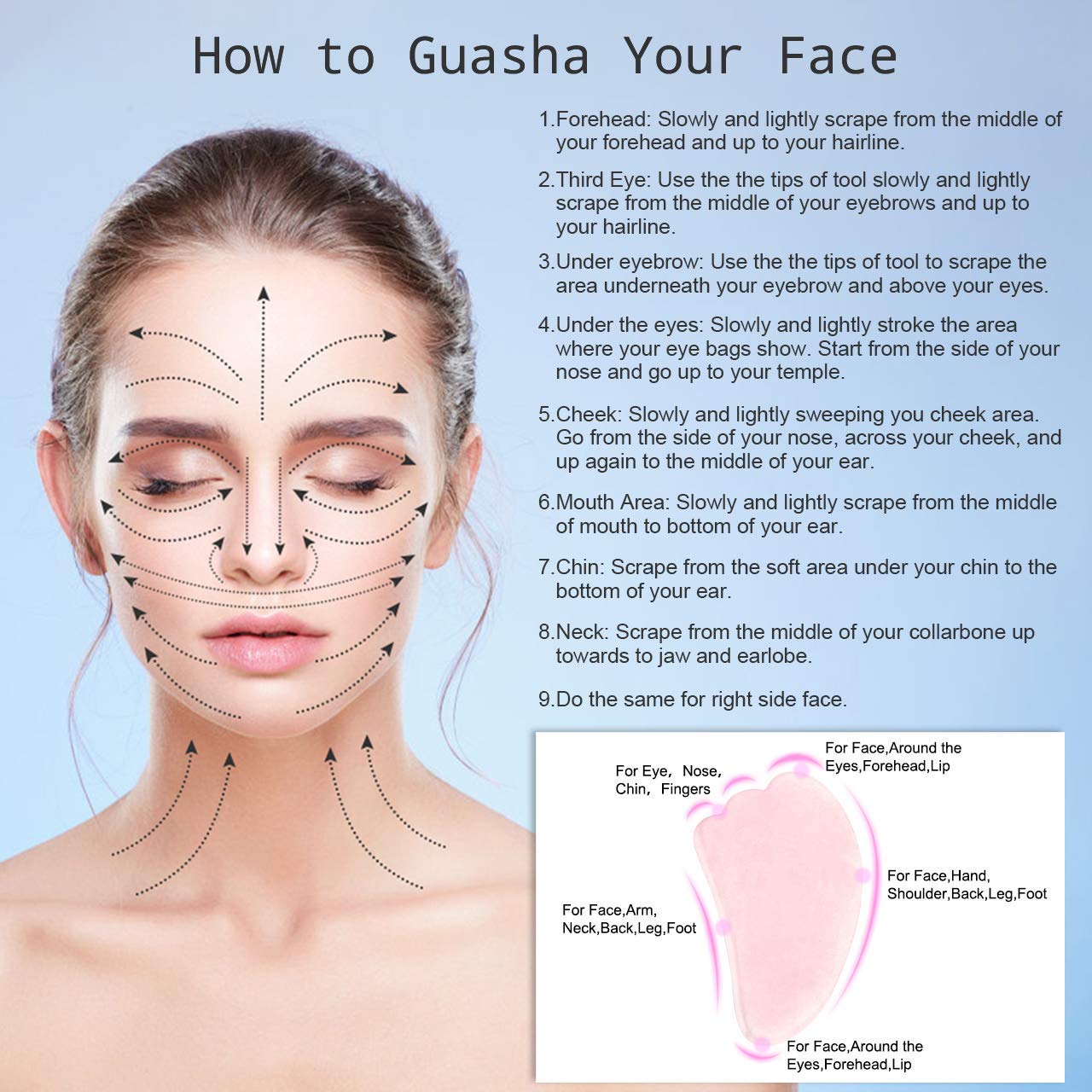 Jovivi Natural Rose Quartz Stone Gua Sha Scraping Massage Tool, Wing-shape Healing Crystal Guasha Board Facial Massager Traditional Scraper Tool