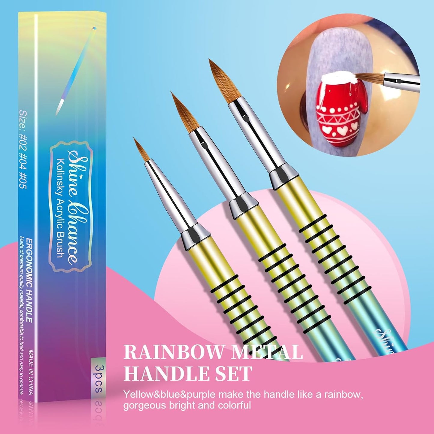 3Pcs Acrylic Nail Brushes Set Size 2 4 5, Kolinsky Hair Acrylic Nail Art Brush, Art Design & Polish Mistake Cleaning Manicure Tools for Women Acrylics Application, Gradient