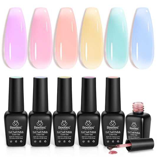 Beetles Pastel Gel Nail Polish Set, 6 Colors Jelly Gel Polish Kit Pink Blue Purple Orange Yellow Green Translucent Effect Soak Off UV Candy Sweet Collection French Nail Gift for Women