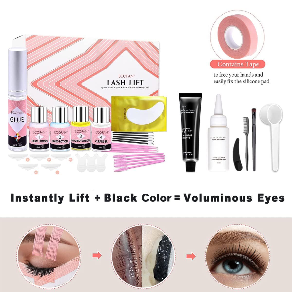 Lash Lift and Black Kit, Professional Eyelash Perm Kit and Black Eyelash & Eyebrow Set 3 in 1, Quick Lifting & Voluminous Coloring with Complete Tools Gifts for Women Salon Grade Home DIY