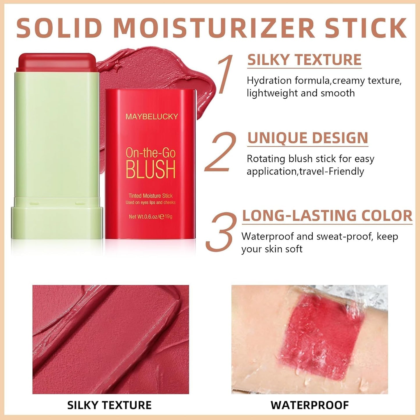 Cream Blush Stick for Cheeks, Multi-Use Makeup Blush Stick for Eyes Lips Face, Travel-Friendly Tinted Solid Moisturizer Matte Blush, Natural Glow Blendable Smooth Blusher with Brush-Hot Red