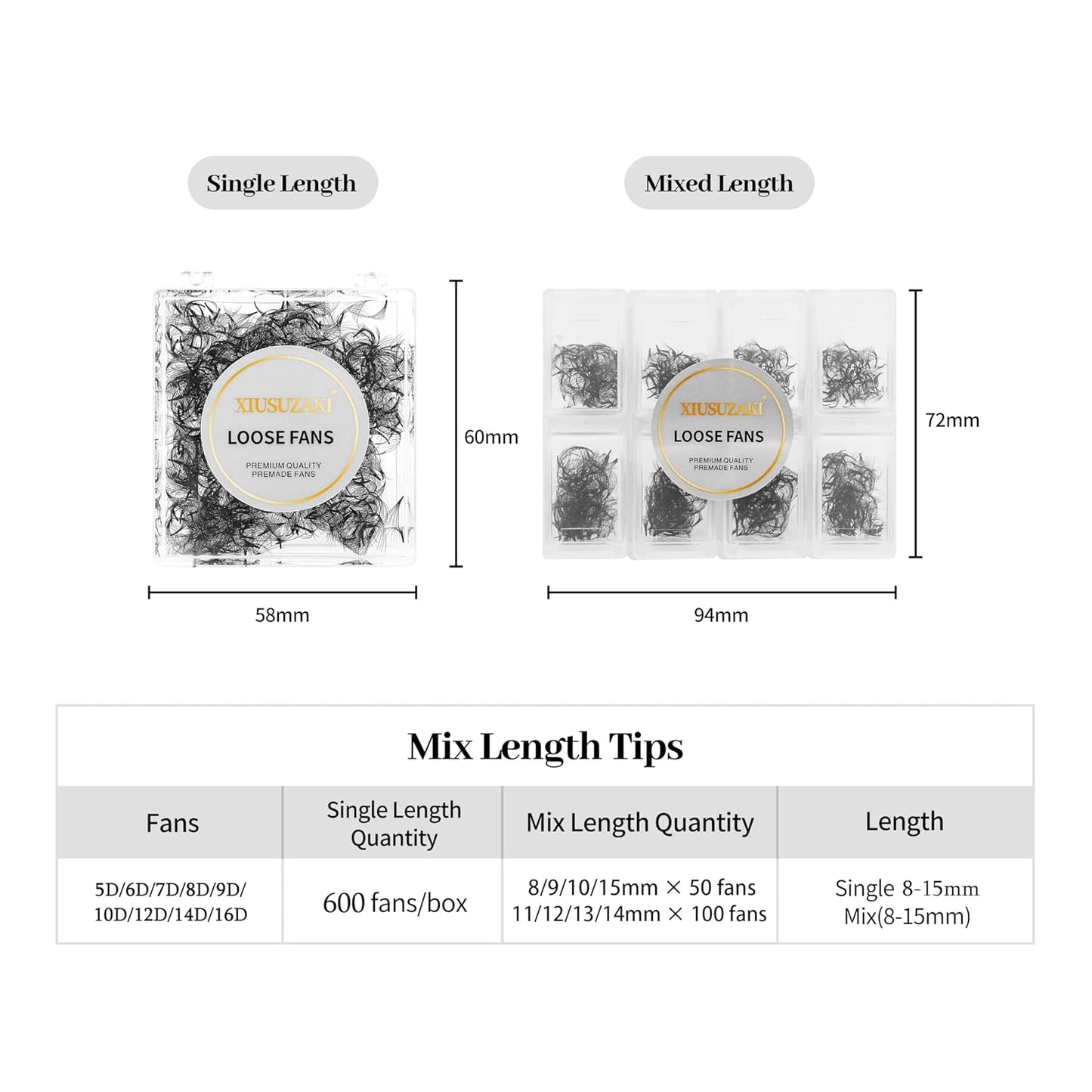 Premade Fans Eyelash Extensions - 600 Fans, 14D Volume, 0.03 Thickness, D Curl, Mix 8-15mm