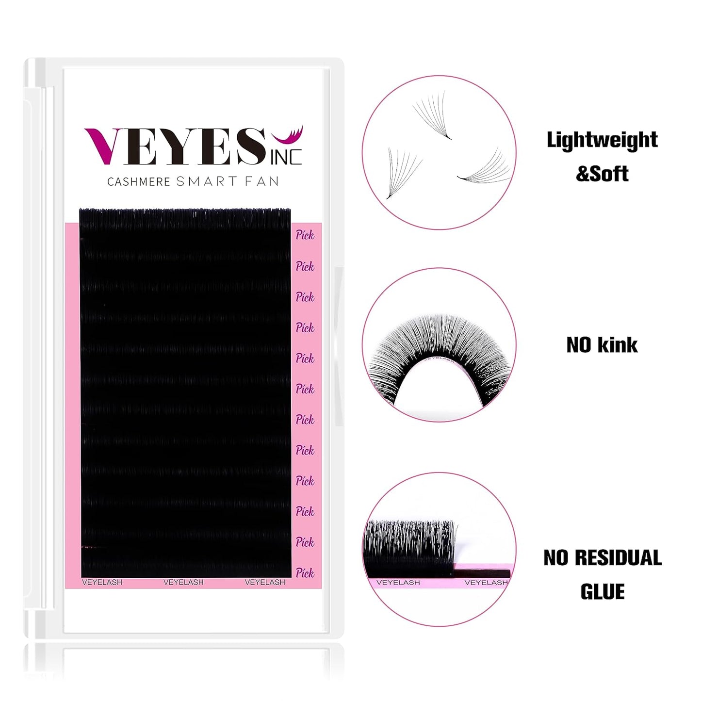 VEYES INC Cashmere Smart Fan Lash Extensions 0.03 0.05 0.07 C/CC/D Curl 8-20mm Mixed & Single Length, Super Matte Black Volume Lashes, Professional Supplies for Lash Techs (0.03 C 9mm)
