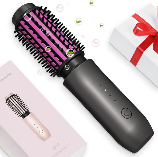 Mini Cordless Curling Iron Brush, Portable Hair Straightening Brush, Cordless Hair Curler Anti-Frizz with Negative Ions, 3-in-1 Crimper Hair Tool, Rechargeable Wave Curling Wand - Night Purple