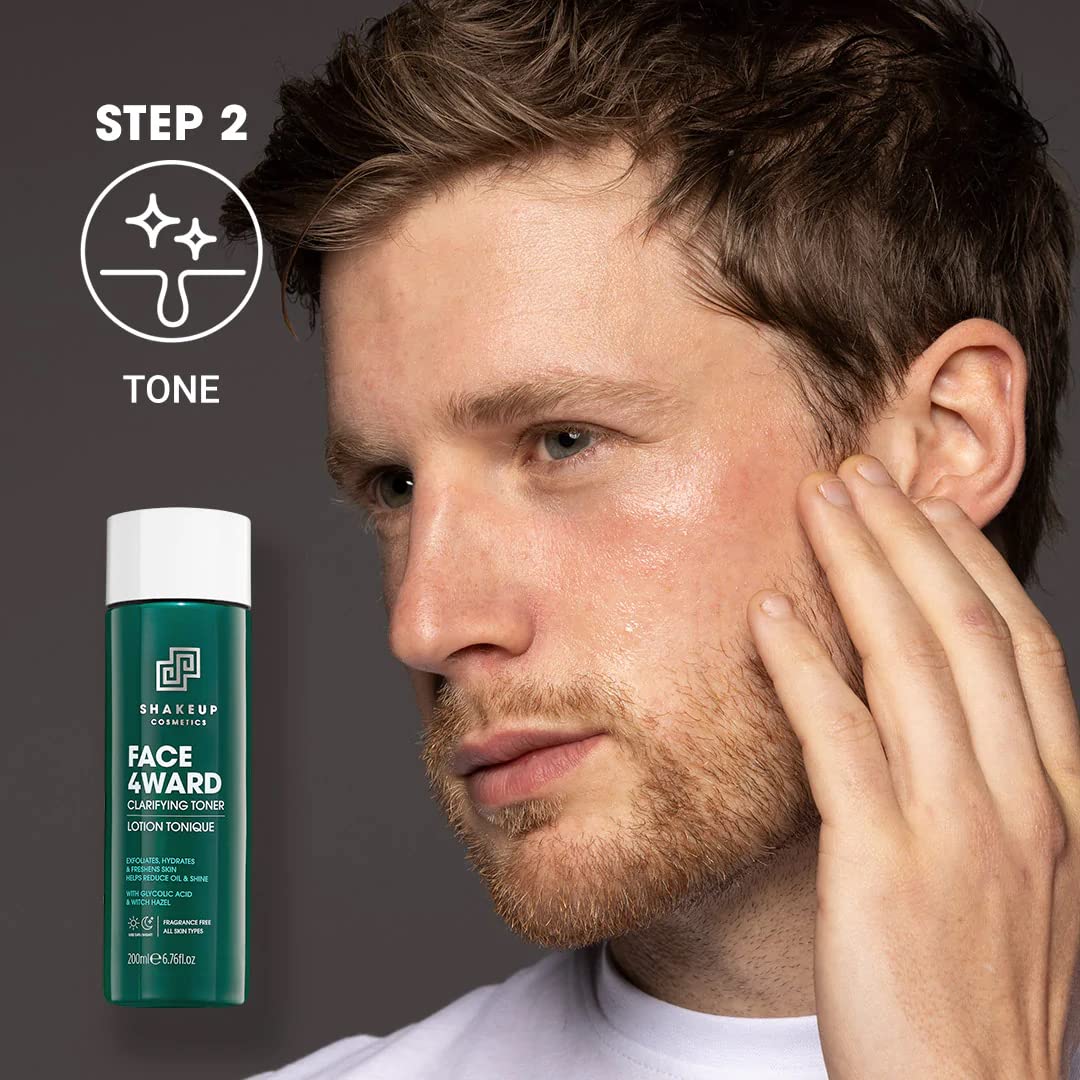 Shakeup - Mens Skincare Routine with Wash Bag, Gift Set, Daily Face Wash, Clarifying Toner, Anti Ageing Serum, Matte-Effect Moisturiser, Plus Wash Bag