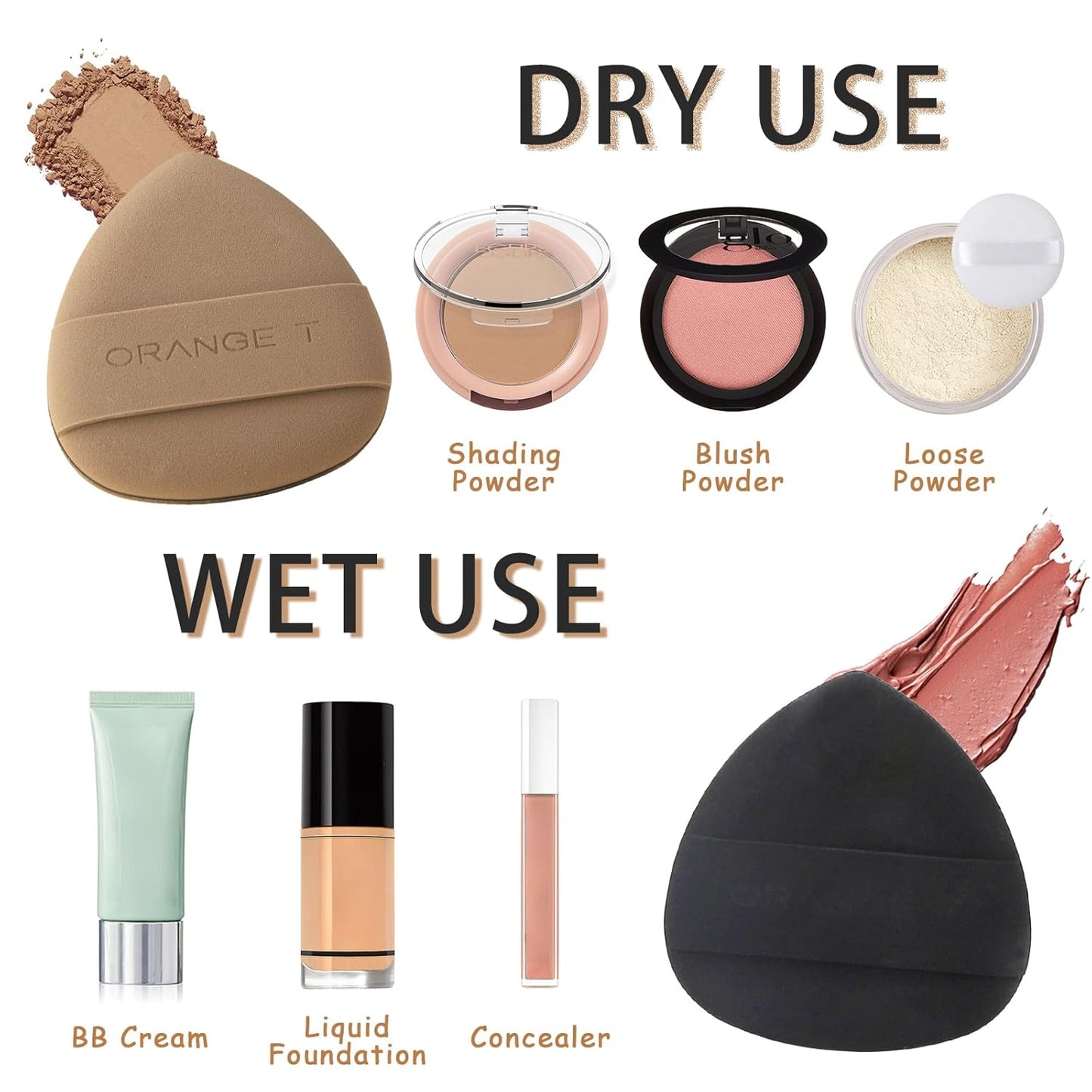 Lilystar 2Pcs Powder Puff Face Soft Makeup Sponge, Soft Triangle Powder Puffs Makeup Sponge Applicator Air Cushion Powder Puff for Liquid Foundation, Cream, Powder, Concealer (Black,Brown)