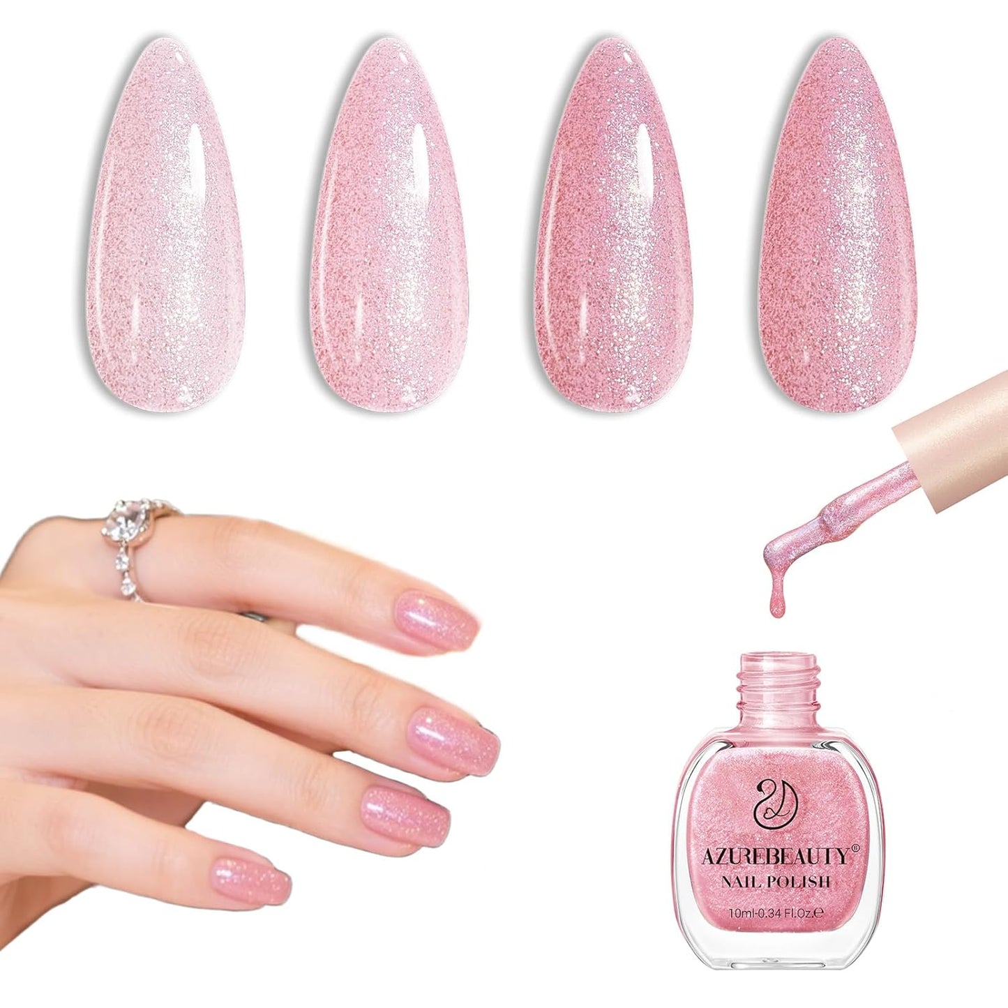 AZUREBEAUTY Glitter Pink Nail Polish no Gel Quick Dry Natural Shine Nail Lacquer Fingernail Polish Salon-Quality for Women 10ml