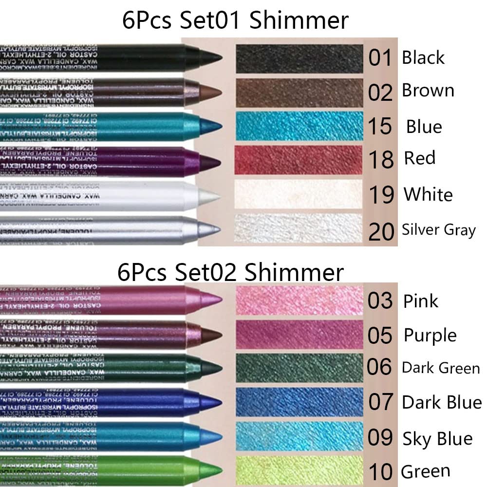 evpct 6Pcs White Glitter Eyeliner Pencils Set delineadores de colores para ojos lapiz negro a prueba de agua Black Silver Blue Red Brown Metallic Colorful Liquid Eye Liners Waterproof