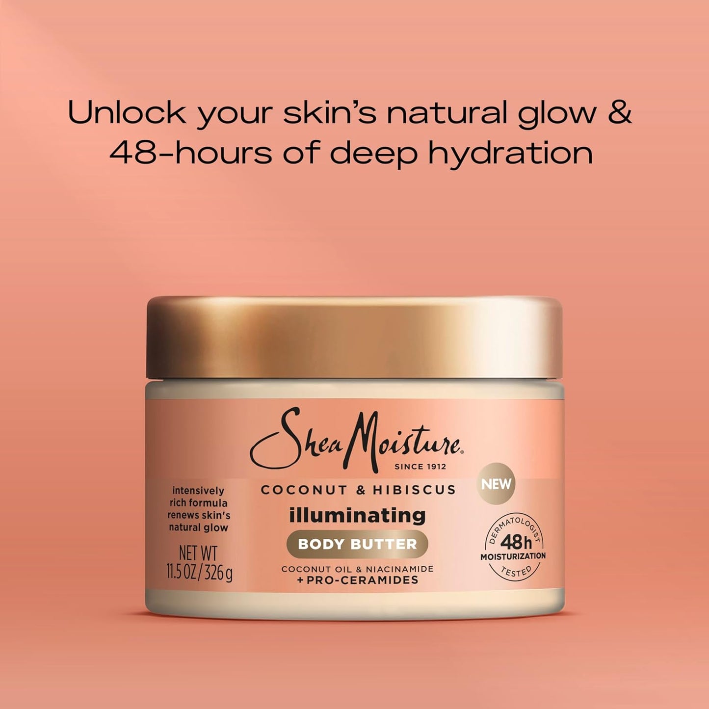 SheaMoisture Illuminating Body Butter with Coconut & Hibiscus, Niacinamide and Pro-Ceramides, Renewing Skin’s Natural Glow, 48H Moisturizing 11.5 oz
