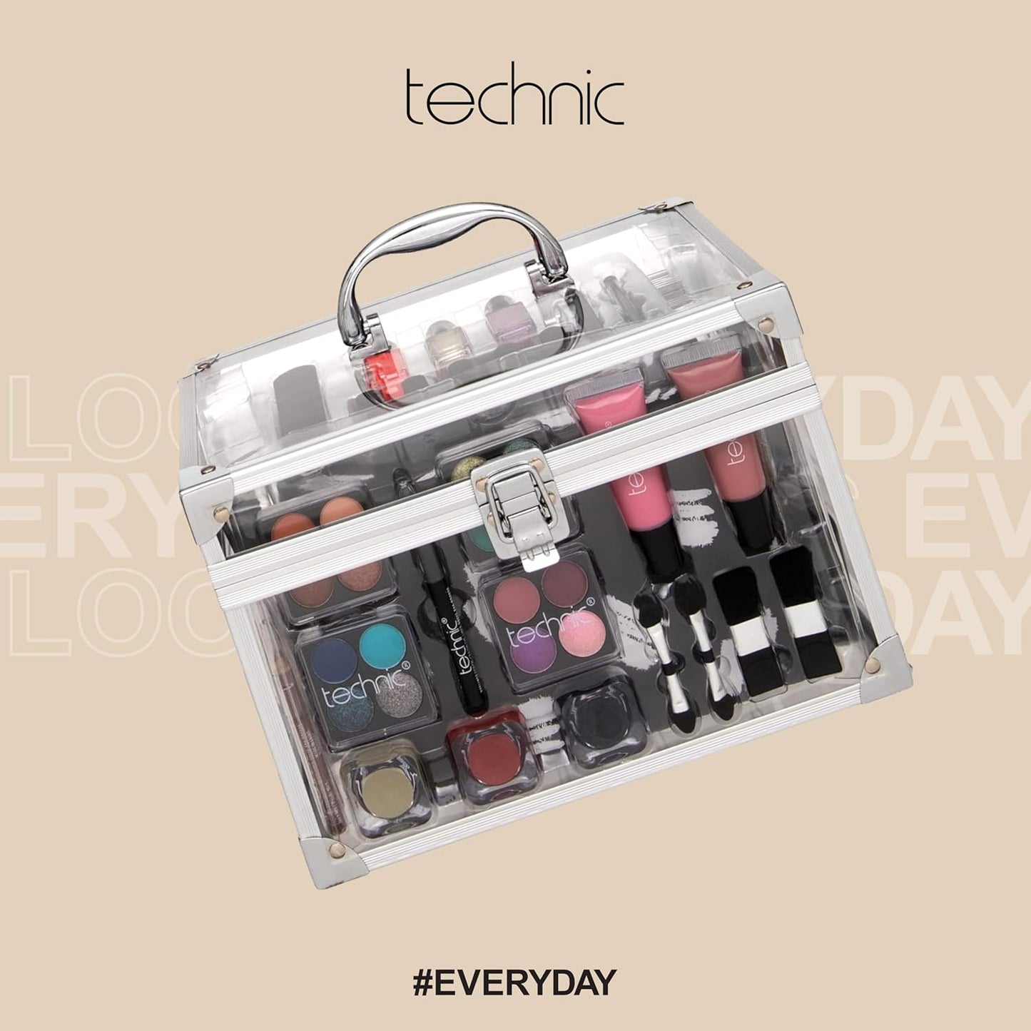 36 Pcs Clear Carry All Full Make Up Kit In a Trunk Train Case Including Makeup Brushes, Eye Shadows, Nail Polish, Blushers, Lipsticks and More