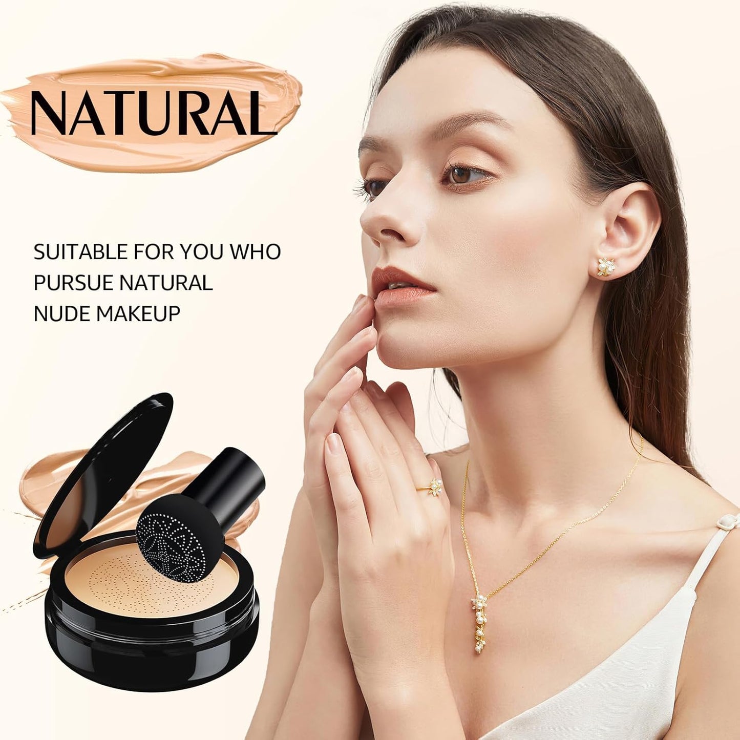 Mushroom Head Air Cushion CC Cream - Long-Lasting Brightening BB Cream Foundation With Powder Puff for Face Makeup, Moisturizing Full Coverage Self Adjusting Concealer (Natural, 1 PCS)