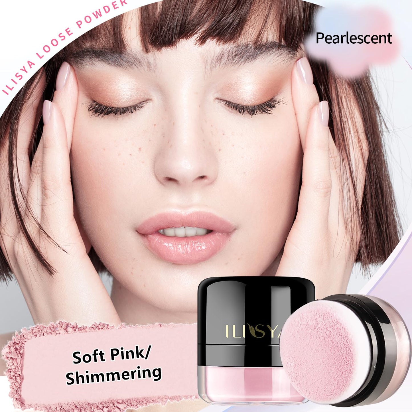 Setting Powder Lightweight Loose Powder Finishing Powder Long-Lasting Face Powder Waterproof with Soft Mushroom Powder Puff & Mirror, Shimmery Finish (Soft Pink/Shimmering)-3 Boxes