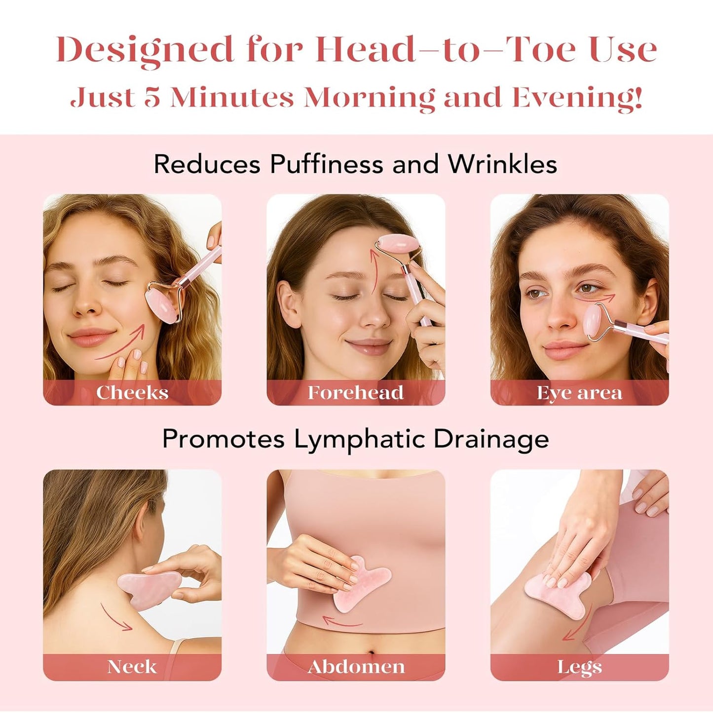 BAIMEI Jade Roller & Gua Sha, Face Roller, Facial Beauty Roller Skin Care Tools, Self Care Gift for Men Women, Massager for Face, Eyes, Neck, Relieve Fine Lines and Wrinkles - Rose Quartz