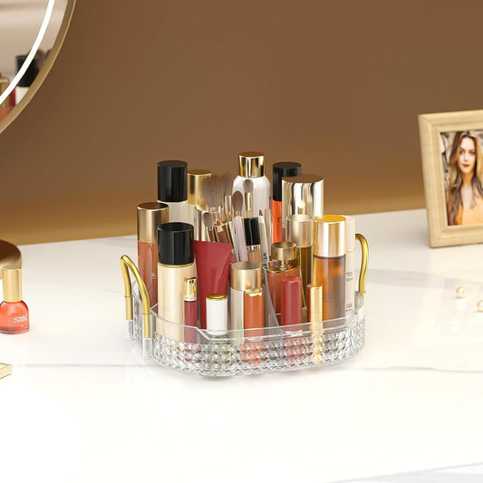 Awenia Rotating Makeup Organizer 360, Stackable Adjustable Large Capacity Cosmetic Storage Unit,Dresser Bathroom Kitchen Countertop Organizer with Metal Handle, Plus Size (Clear, 1 Tier)