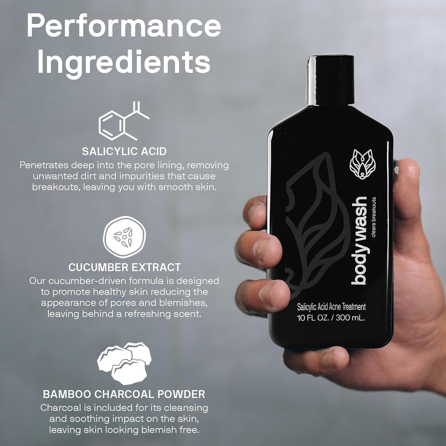 Black Wolf Salicylic Acid Body Wash for Men - 10 Fl Oz, 2-Pack - Men's Acne Body Wash - Charcoal Helps Reduce Acne Breakouts & Cleanse Your Skin - Full Coverage & Deep Clean Treatment - Men's Bodywash