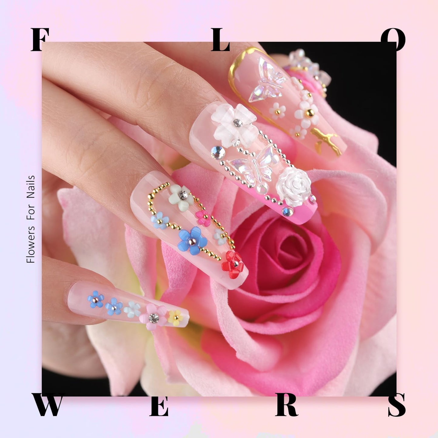 3D Nail Charms, Butterfly White Pink Acrylic Flower Starry AB Gemstones Caviar Beads Half Round Pearl, Flat Back Glass Crystal AB + Clear Round Gems Rhinestones for Nails with Pickup & Dotting Tools
