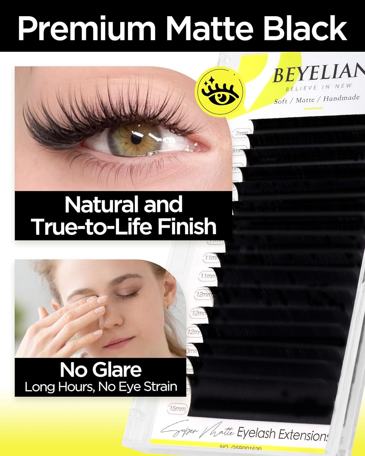 BEYELIAN Eyelash Extension 0.10 D Curl 7-15mm Mixed Tray Easy Fan Lash Extensions Volume Lashes 100°/212°F High Temperature Resistant Classic Professional Use Natural Matte Black (0.10 D 7-15mm Mix)