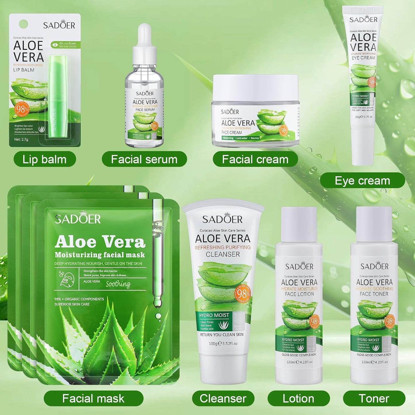 10 Pcs Skin Care Sets Face Care Set for Women Includes 1 Pcs Cleanser, Toner, Lotion, Eye Cream, Serum, Face Cream, Lip Balm and 3 Facial Masks Skincare Gift for Girls (Aloe Vera)