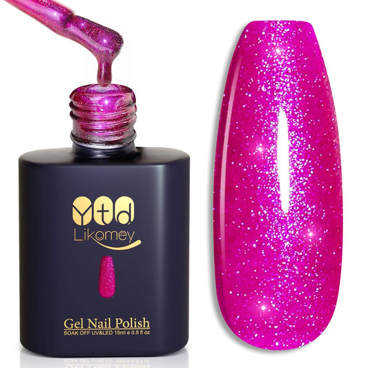 YTD Likomey Hot Pink Glitter Gel Nail Polish,15ml Shimmer Shiny Sparkly Salon Home DIY Manicure Fall Winter UV Color Varnish,SF406