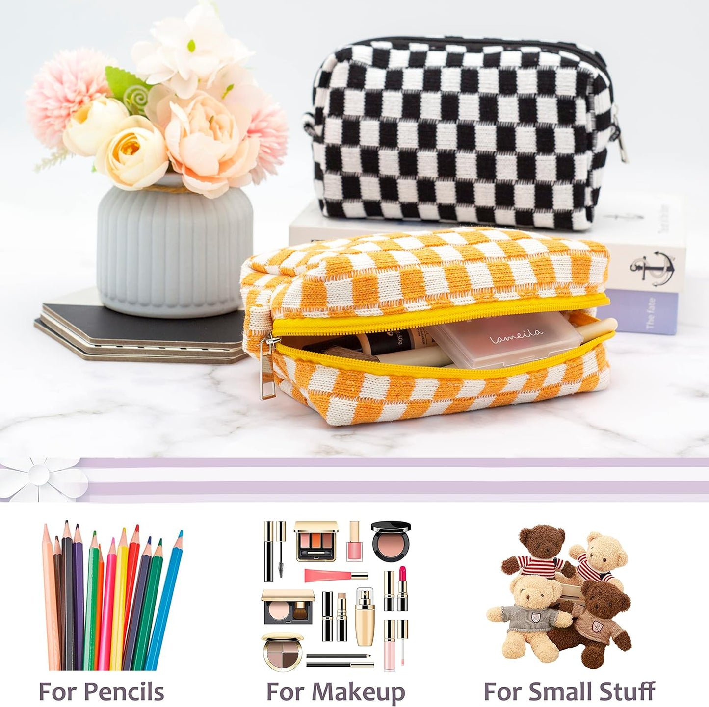 PAZIMIIK Checkered Makeup Bag for Purse Portable Zipper Make Up Pouch Small Cosmetic Case for Travel Accessories (2PCS Orange)