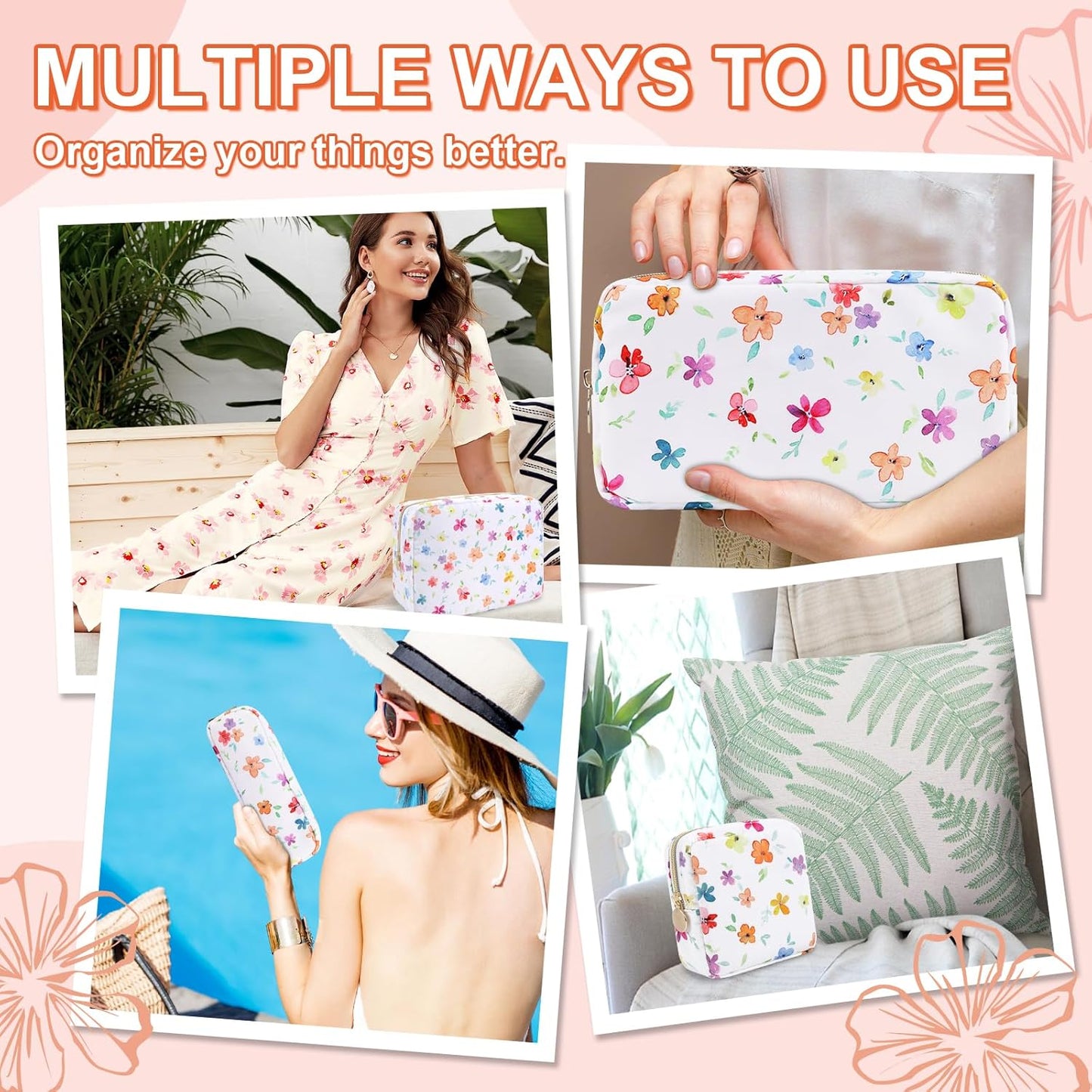 Waterproof Small Floral Pencil Case Makeup Bag for Purse,Cute Flower Pencil Pouch Preppy Nylon Makeup Brush Holder with Zipper,Girls Portable Storage Case Pen Bag for Work(Slim Colorful-Flowers)