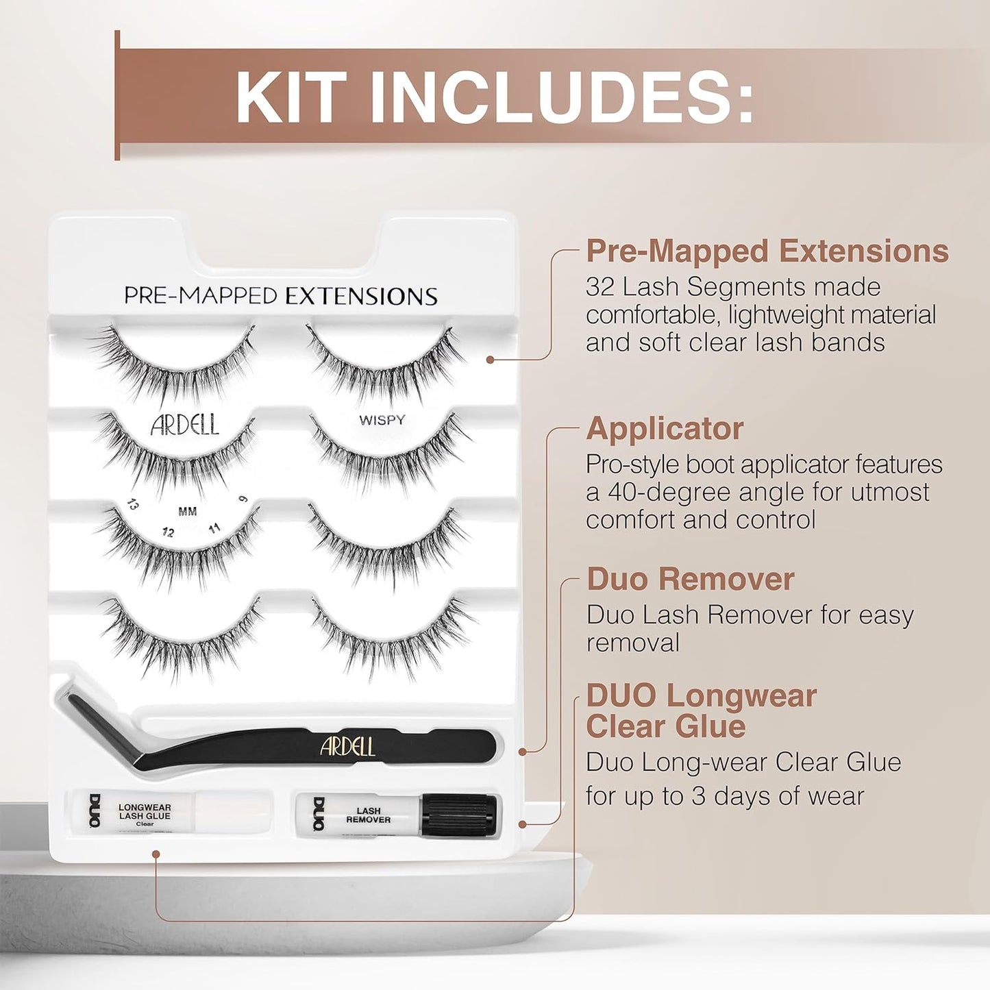 Ardell Pre-Mapped Eyelash Extensions Kit - False Lashes Wispy, Reusable Segmented Lash Strips, Long-Lasting with Lash Glue and Remover, 4 pack